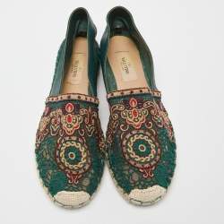 Pre Owned Valentino Green Leather and Lace Espadrille Flats Size 40