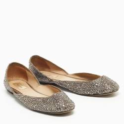 Pre Owned Valentino Grey Satin Crystal Embellished Ballet Flats Size 37.5