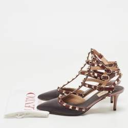 Pre Owned Valentino Burgundy/Pink Leather Rockstud  Ankle Strap Pumps Size 38