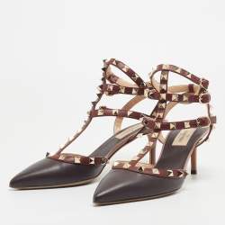 Pre Owned Valentino Burgundy/Pink Leather Rockstud  Ankle Strap Pumps Size 38