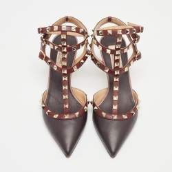 Pre Owned Valentino Burgundy/Pink Leather Rockstud  Ankle Strap Pumps Size 38