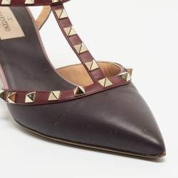 Pre Owned Valentino Burgundy/Pink Leather Rockstud  Ankle Strap Pumps Size 38