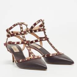 Pre Owned Valentino Burgundy/Pink Leather Rockstud  Ankle Strap Pumps Size 38