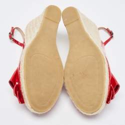 Pre Owned Valentino Red  Patent Leather Mena Bow Peep Toe Espadrille Wedge Slingback Sandals Size 38