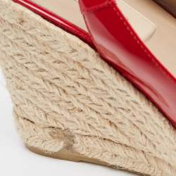 Pre Owned Valentino Red  Patent Leather Mena Bow Peep Toe Espadrille Wedge Slingback Sandals Size 38