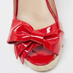 Pre Owned Valentino Red  Patent Leather Mena Bow Peep Toe Espadrille Wedge Slingback Sandals Size 38