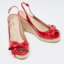 Pre Owned Valentino Red  Patent Leather Mena Bow Peep Toe Espadrille Wedge Slingback Sandals Size 38