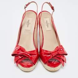 Pre Owned Valentino Red  Patent Leather Mena Bow Peep Toe Espadrille Wedge Slingback Sandals Size 38