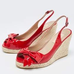 Pre Owned Valentino Red  Patent Leather Mena Bow Peep Toe Espadrille Wedge Slingback Sandals Size 38