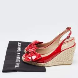 Pre Owned Valentino Red  Patent Leather Mena Bow Peep Toe Espadrille Wedge Slingback Sandals Size 38