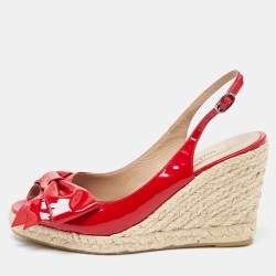Pre Owned Valentino Red  Patent Leather Mena Bow Peep Toe Espadrille Wedge Slingback Sandals Size 38