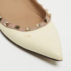 Pre Owned Valentino Cream Leather and Patent Rockstud Ballet Flats Size 38