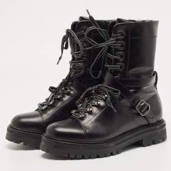 Pre Owned Valentino Black Leather Combat Boots Size 37