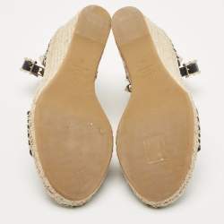 Pre Owned Valentino Black Leather Rockstud Espadrille Wedge Ankle Strap Sandals Size 38