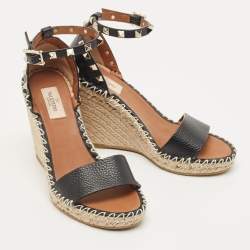 Pre Owned Valentino Black Leather Rockstud Espadrille Wedge Ankle Strap Sandals Size 38