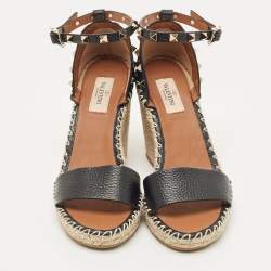Pre Owned Valentino Black Leather Rockstud Espadrille Wedge Ankle Strap Sandals Size 38