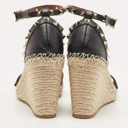 Pre Owned Valentino Black Leather Rockstud Espadrille Wedge Ankle Strap Sandals Size 38
