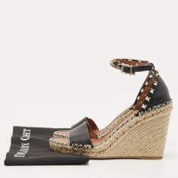 Pre Owned Valentino Black Leather Rockstud Espadrille Wedge Ankle Strap Sandals Size 38