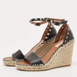 Pre Owned Valentino Black Leather Rockstud Espadrille Wedge Ankle Strap Sandals Size 38