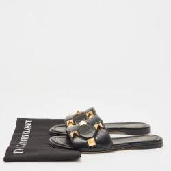 Pre Owned Valentino Black Leather Roman Stud Flat Slides Size 37.5
