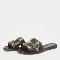 Pre Owned Valentino Black Leather Roman Stud Flat Slides Size 37.5