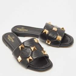 Pre Owned Valentino Black Leather Roman Stud Flat Slides Size 37.5