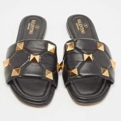 Pre Owned Valentino Black Leather Roman Stud Flat Slides Size 37.5