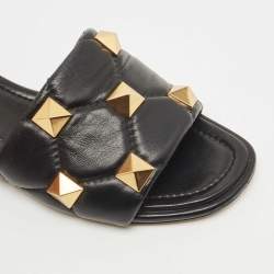 Pre Owned Valentino Black Leather Roman Stud Flat Slides Size 37.5