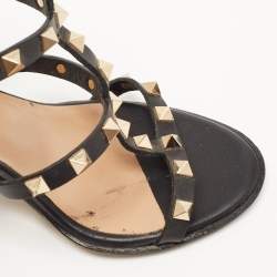 Pre Owned Valentino Black Leather Rockstud Ankle Strap Sandals Size 37