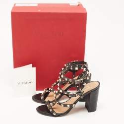 Pre Owned Valentino Black Leather Rockstud Ankle Strap Sandals Size 37