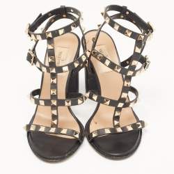 Pre Owned Valentino Black Leather Rockstud Ankle Strap Sandals Size 37