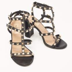 Pre Owned Valentino Black Leather Rockstud Ankle Strap Sandals Size 37