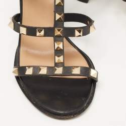 Pre Owned Valentino Black Leather Rockstud Ankle Strap Sandals Size 37