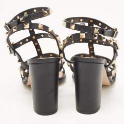 Pre Owned Valentino Black Leather Rockstud Ankle Strap Sandals Size 37