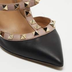 Pre Owned Valentino Black/Beige Leather Rockstud Strappy Pointed Toe Pumps Size 35.5