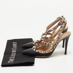 Pre Owned Valentino Black/Beige Leather Rockstud Strappy Pointed Toe Pumps Size 35.5