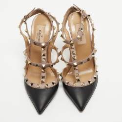 Pre Owned Valentino Black/Beige Leather Rockstud Strappy Pointed Toe Pumps Size 35.5