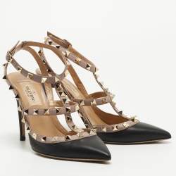 Pre Owned Valentino Black/Beige Leather Rockstud Strappy Pointed Toe Pumps Size 35.5
