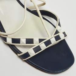 Pre Owned Valentino Navy Blue/White Leather Rockstud Ankle Strap Flat Sandals Size 36