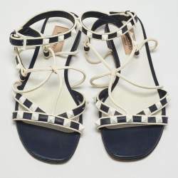 Pre Owned Valentino Navy Blue/White Leather Rockstud Ankle Strap Flat Sandals Size 36