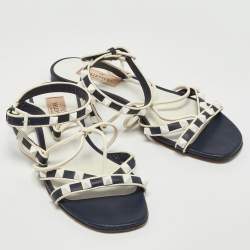 Pre Owned Valentino Navy Blue/White Leather Rockstud Ankle Strap Flat Sandals Size 36