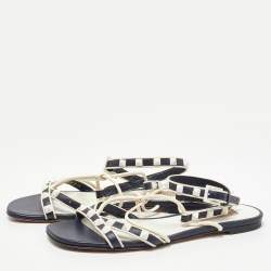 Pre Owned Valentino Navy Blue/White Leather Rockstud Ankle Strap Flat Sandals Size 36