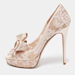 Pre Owned Valentino Pink Lace Bow Peep Toe Platform Pumps Size 36