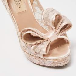 Pre Owned Valentino Pink Lace Bow Peep Toe Platform Pumps Size 36