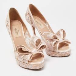 Pre Owned Valentino Pink Lace Bow Peep Toe Platform Pumps Size 36