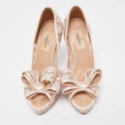 Pre Owned Valentino Pink Lace Bow Peep Toe Platform Pumps Size 36