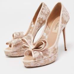 Pre Owned Valentino Pink Lace Bow Peep Toe Platform Pumps Size 36