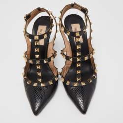 Pre Owned Valentino Black Snakeskin Rockstud Ankle Strap Pumps Size 37