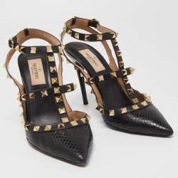 Pre Owned Valentino Black Snakeskin Rockstud Ankle Strap Pumps Size 37