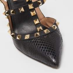 Pre Owned Valentino Black Snakeskin Rockstud Ankle Strap Pumps Size 37